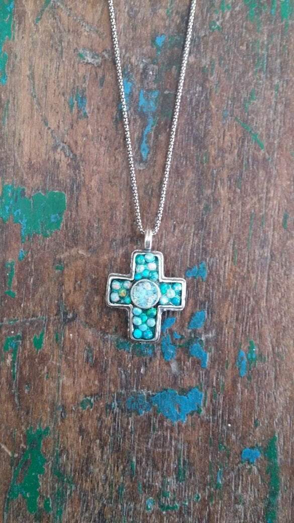 Bluenoemi Jewelry Necklaces 45cm / silver Holy Land Jewelry Sterling Silver cross roman glass opals beads "My Blue Sky Cross"