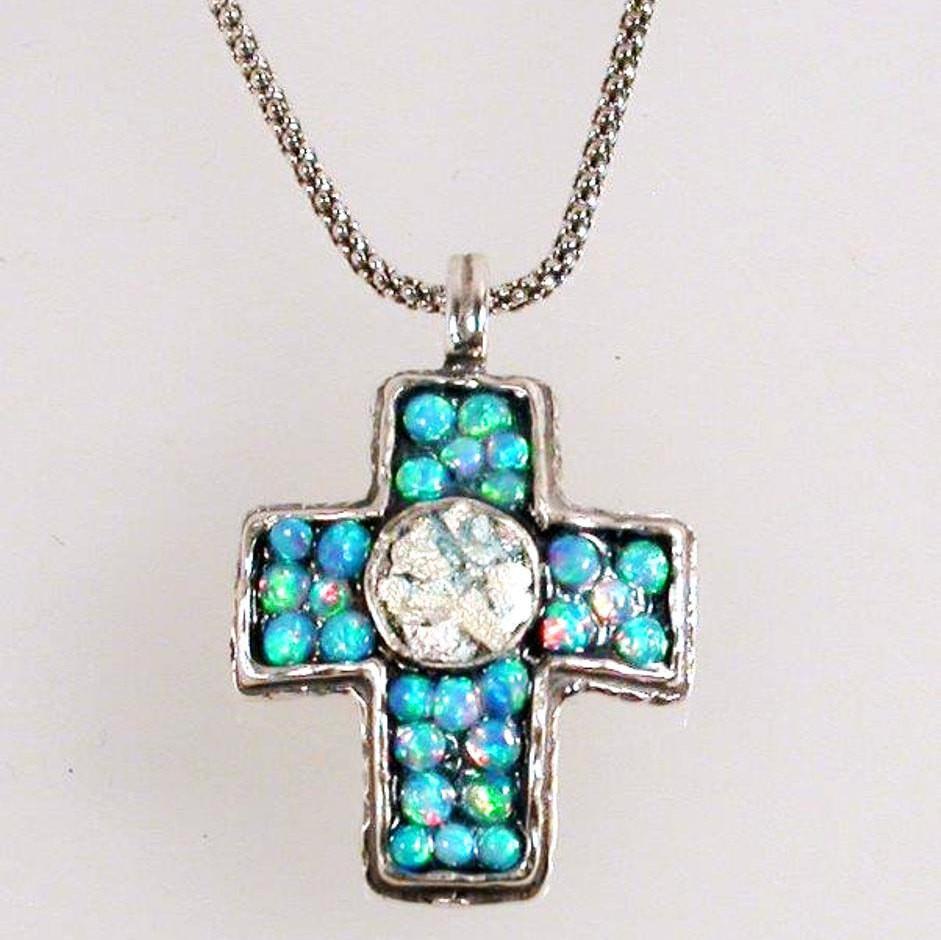 Bluenoemi Jewelry Necklaces 45cm / silver Holy Land Jewelry Sterling Silver cross roman glass opals beads "My Blue Sky Cross"
