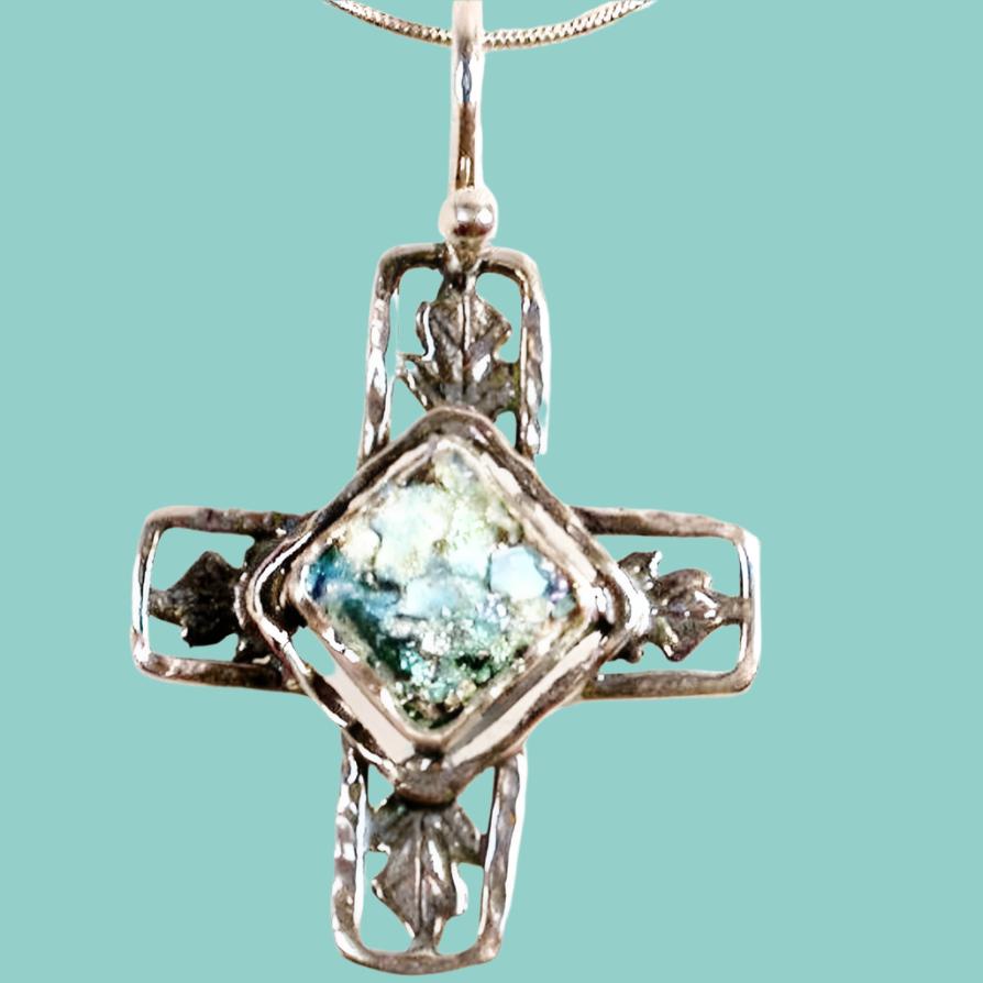 Bluenoemi Jewelry Necklaces 45cm / silver Sterling Silver Cross Roman Glass Necklace