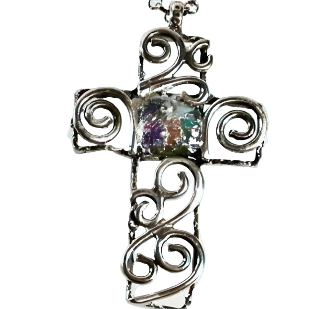 Sterling Silver cross with Roman Glass, "My Circle of Life Cross" Cross for woman - Bluenoemi