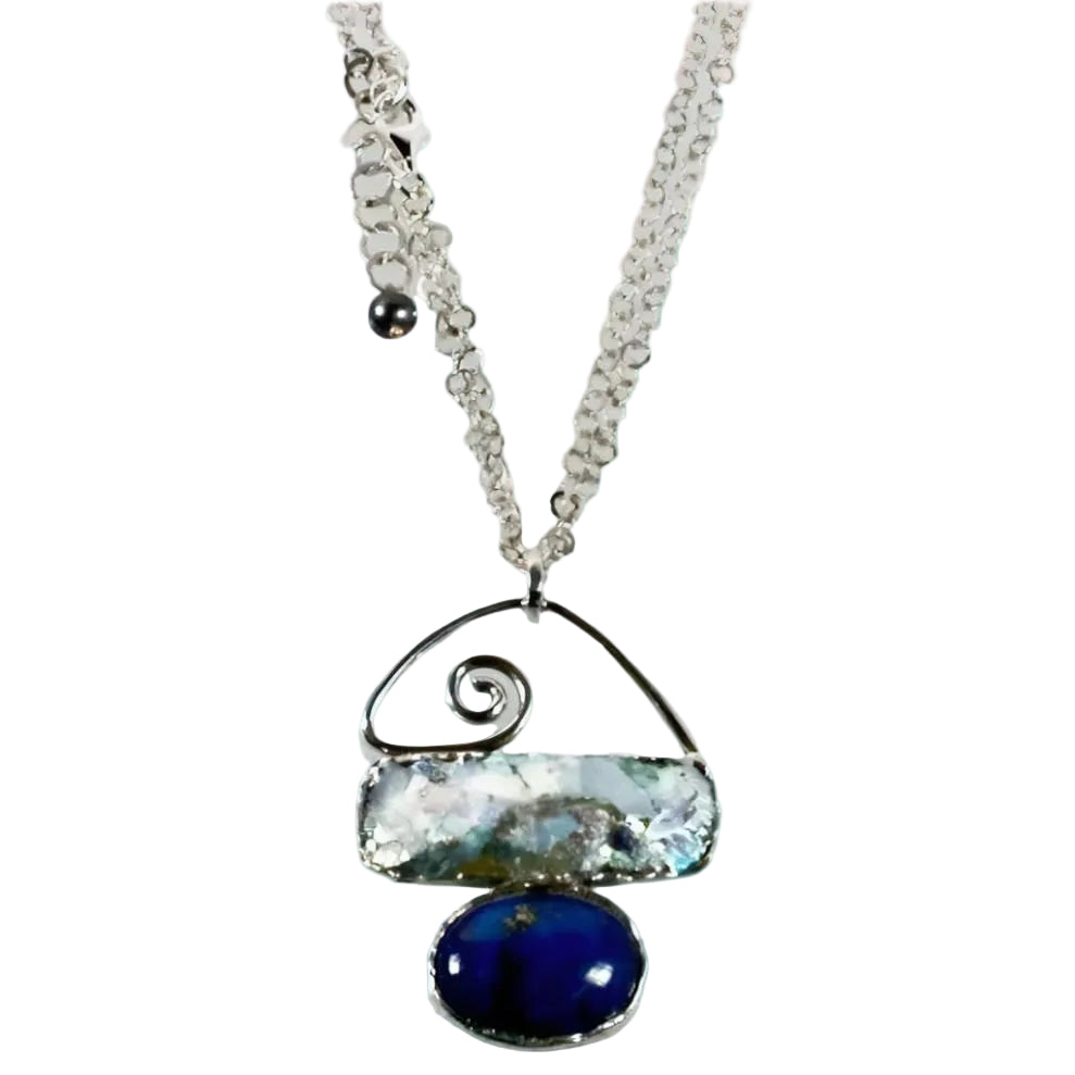Sterling Silver Roman Glass Necklace with Lapis - Bluenoemi