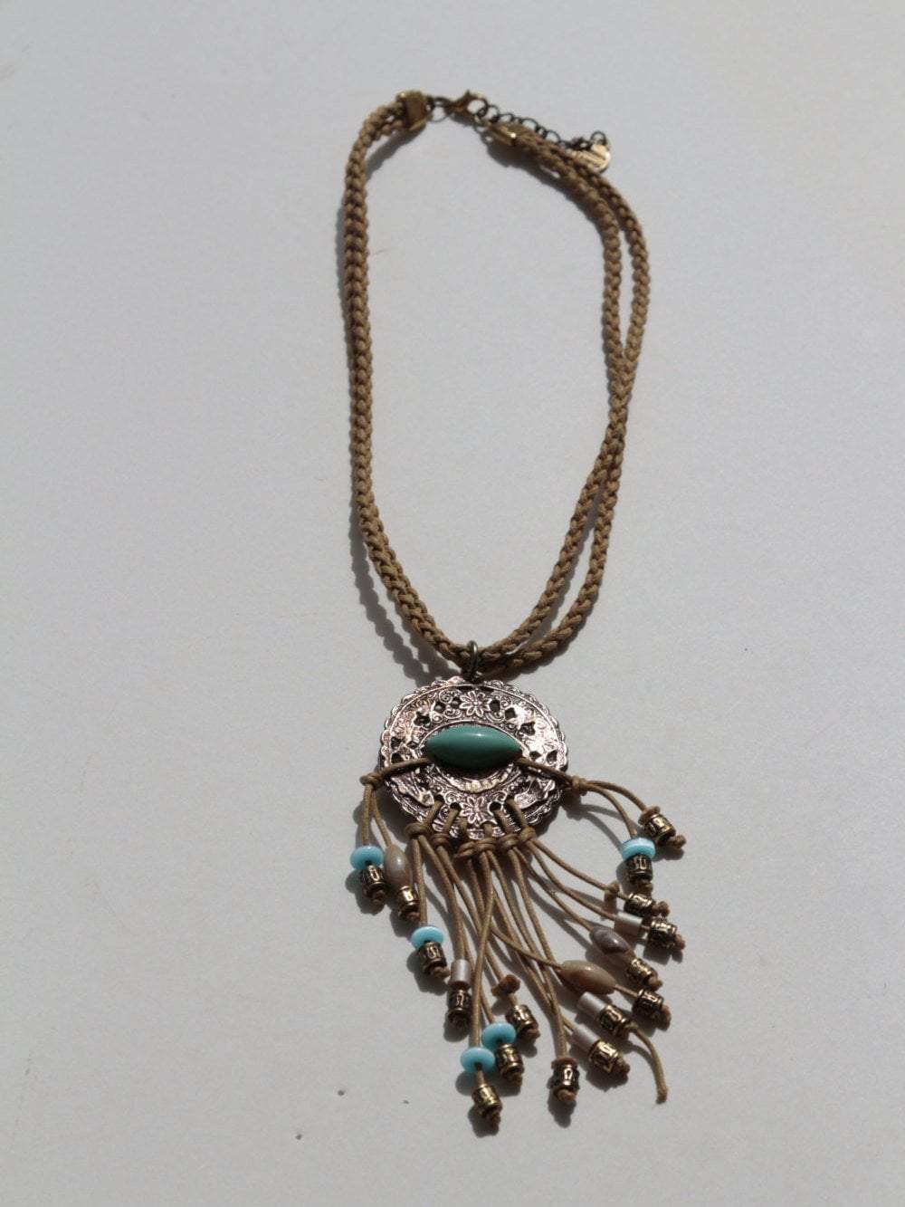 Bluenoemi Necklace Boho Filigree Motif Leather Cords Braided Blue Beads - Bluenoemi