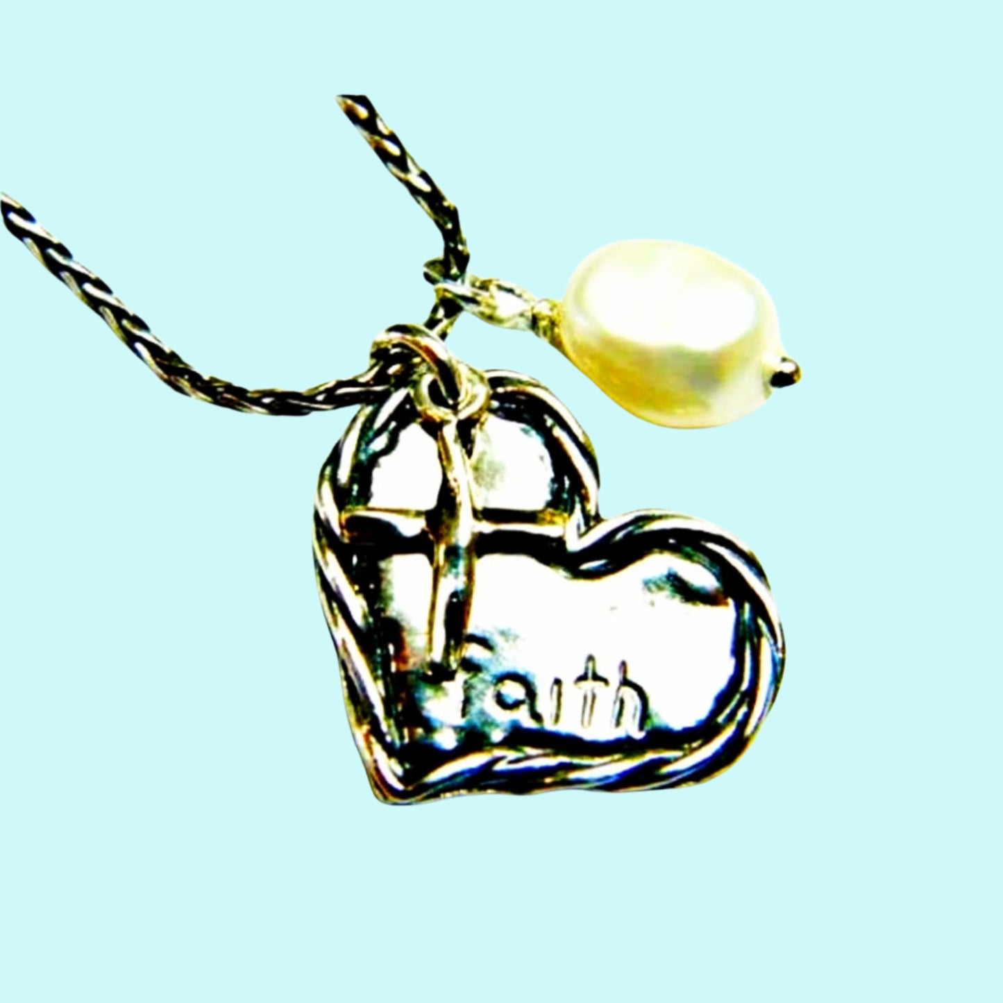 Bluenoemi Jewelry Necklaces pearl Bluenoemi Sterling Silver Heart Cross Pearl Charms necklace "Faith"