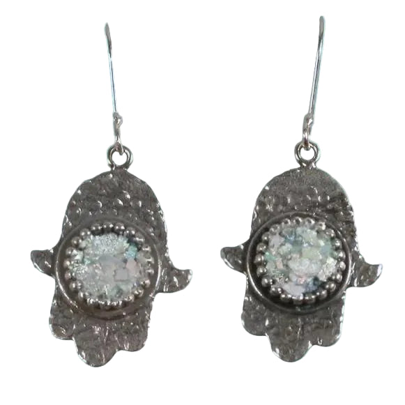 Israeli jewelry sterling silver roman glass hamsa Earrings - Bluenoemi