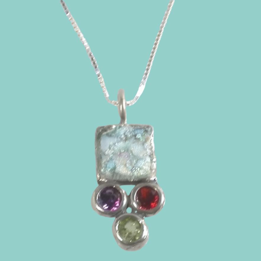Bluenoemi Jewelry Necklaces & Pendants silver Sterling Silver Necklace, Silver Roman glass jewelry , Sterling silver Jewelry, garnets necklace