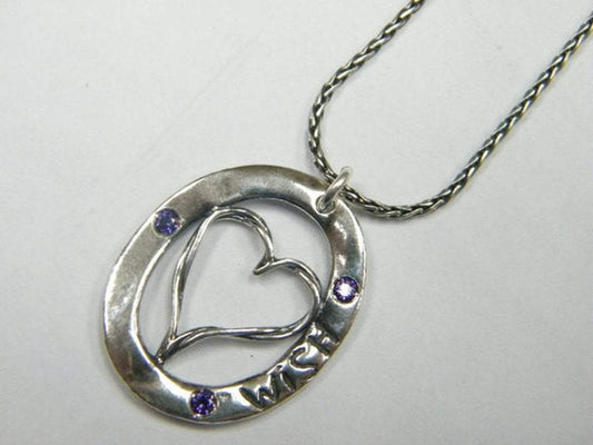 Bluenoemi Jewelry Necklaces silver Heart necklace with CZ zircons engraved "wish" love jewelry