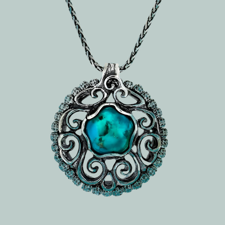 Sterling Silver Necklace for woman set with Turquoise / Gemstones Israeli Necklace for woman. - Bluenoemi