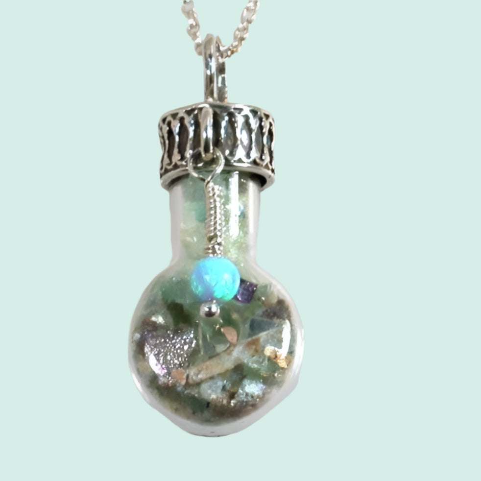 Bluenoemi Jewelry Necklaces Sterling Silver Roman Glass in a Bottle Necklace with Charms Necklaces 925 Israeli Jewelry