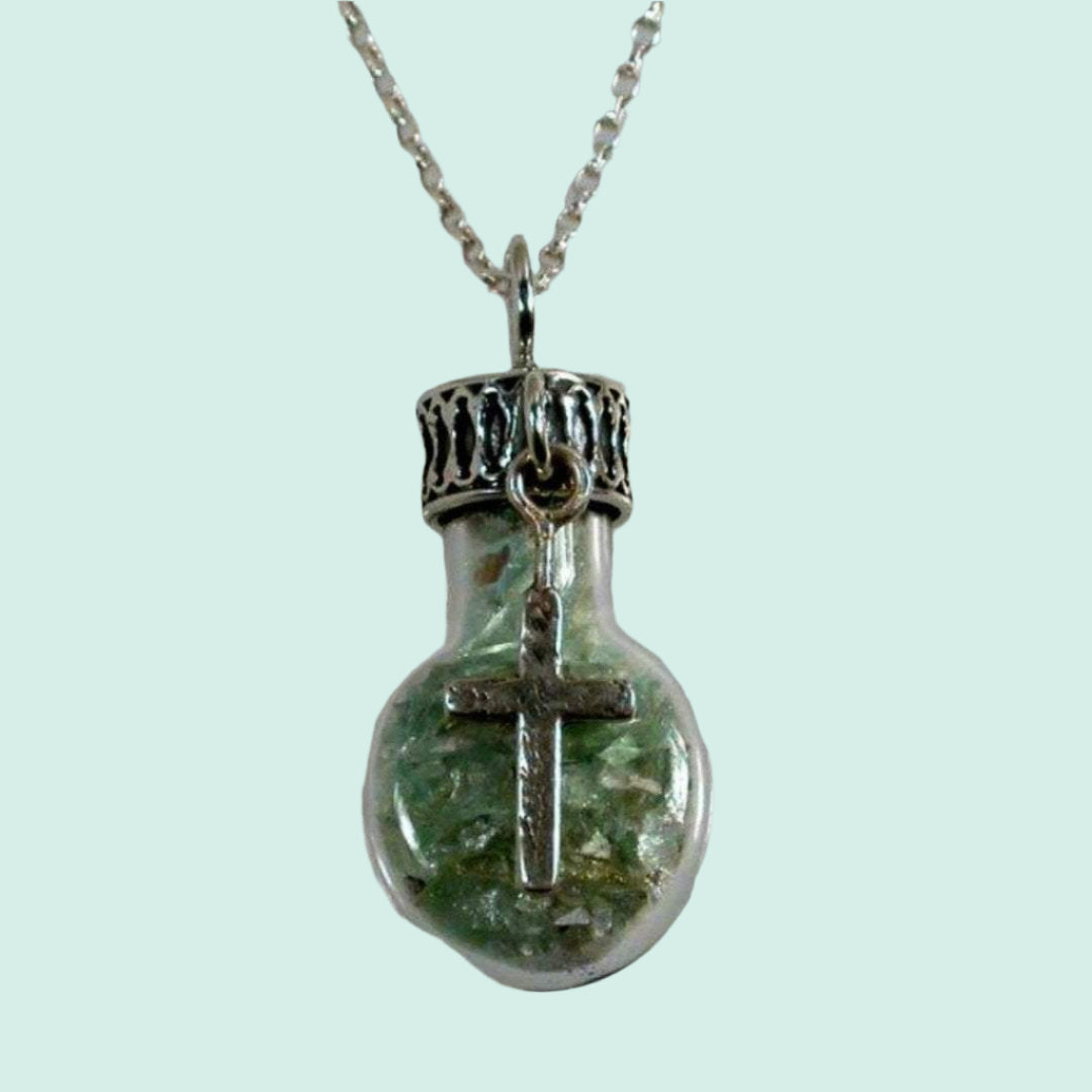 Sterling Silver Roman Glass in a Bottle Necklace with Charms - Bluenoemi