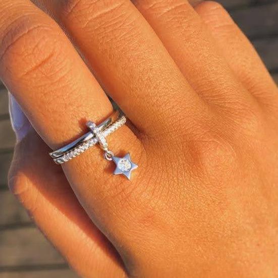 Bluenoemi Israel Ring for Woman with a Dangling Silver Star Charm. CZ zircons. - Bluenoemi