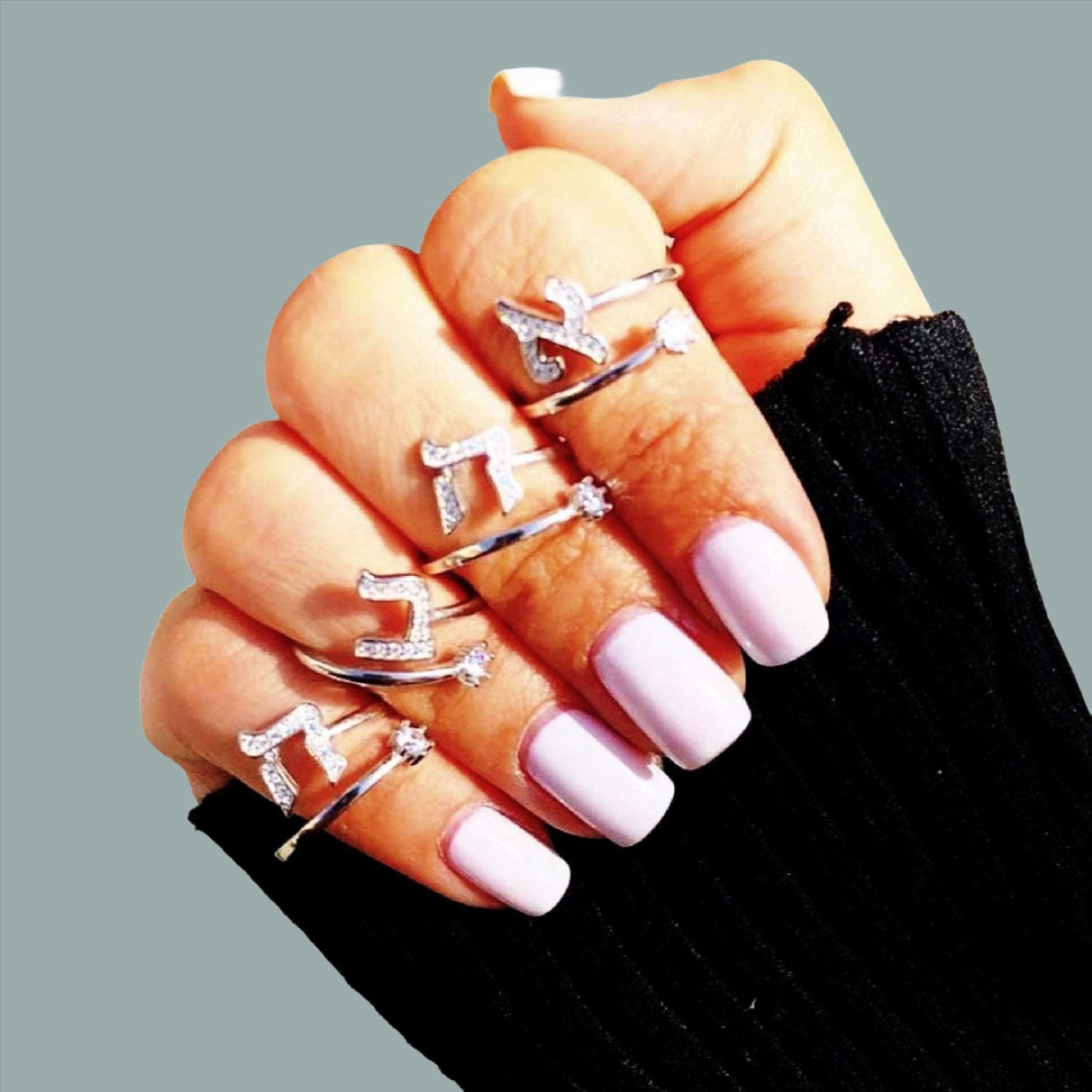 Bluenoemi Sterling Silver Rings for Women Jewelry from Israel. Hebrew Letter set with CZ Zircons - Bluenoemi