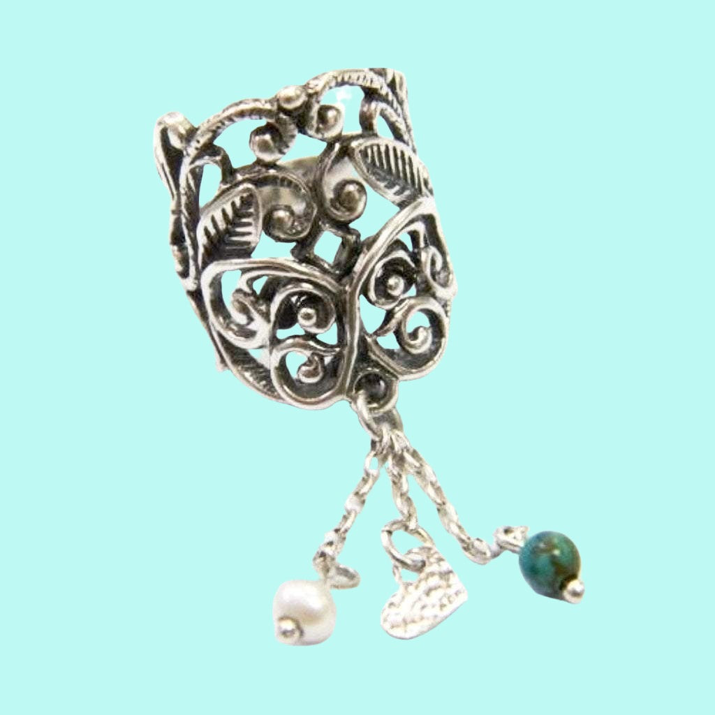 Bluenoemi Jewelry Rings Hippie ring , charms ring , silver ring for woman , pearl turquoise garnet ring , heart ring