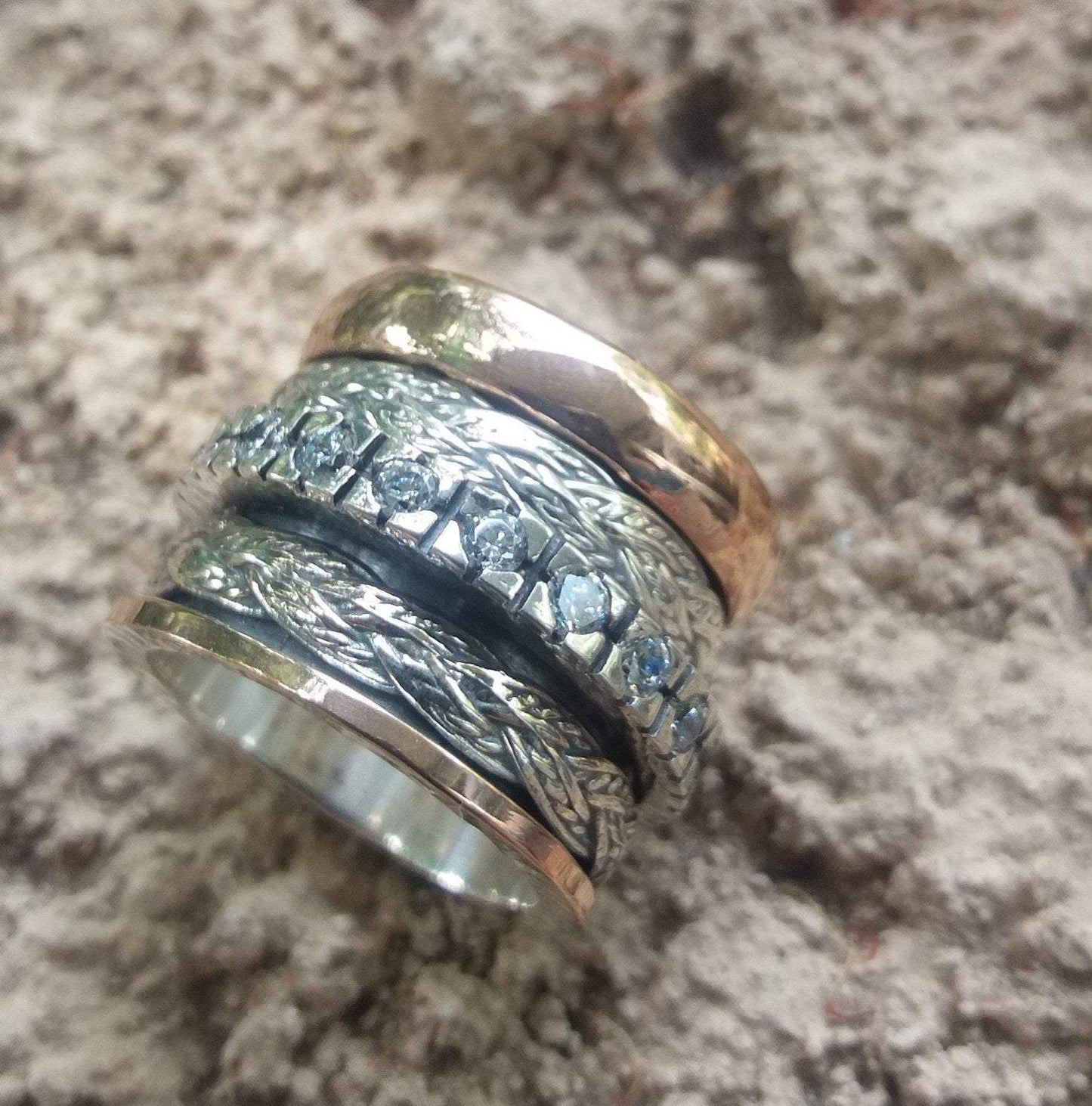 Bluenoemi Jewelry Rings Meditation Spinner Celtic Ring for Woman Silver & Gold Engagement Ring with a CZ Zircons