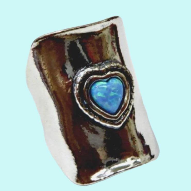Bluenoemi Jewelry Rings Opal ring. Sterling silver Hammered Ring Boho. Israeli designer Bohemian ring