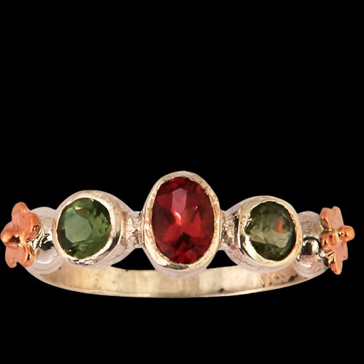 Handmade sterling silver and gold ring with red and green tourmaline gemstones, crafted in Israel