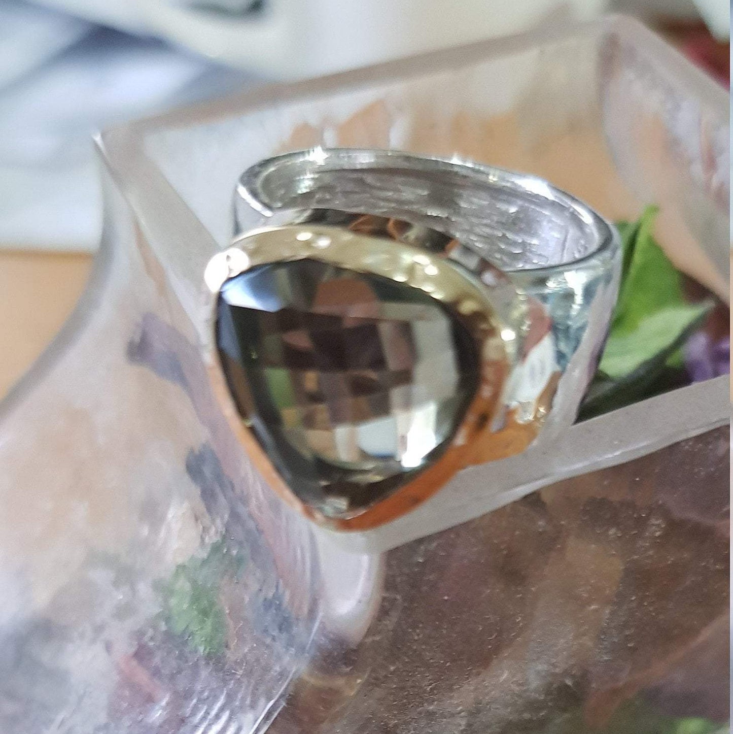 Rings for Women Sterling Silver and 9 ct gold Ring set with a green amethyst for woman. - Bluenoemi