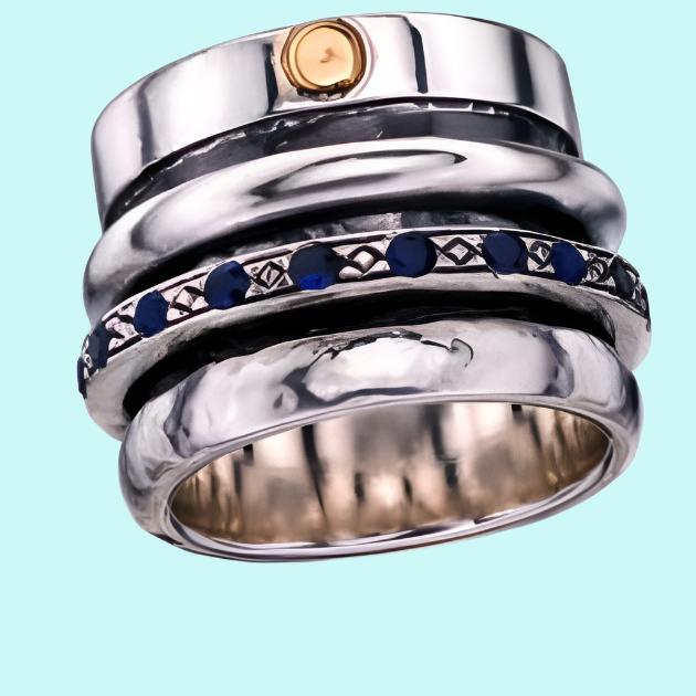 Bluenoemi Jewelry Rings Spinner Ring for Man silver gold 9ct with Saphires /Sterling Silver .925 Designer Jewelry