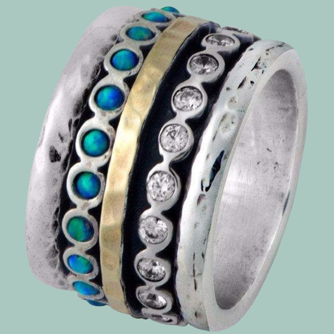 Bluenoemi Jewelry Rings Spinner Ring Jewelry. Sterling Silver and Gold Ring Set Blue Opals & Cz Zircons Statement ring .