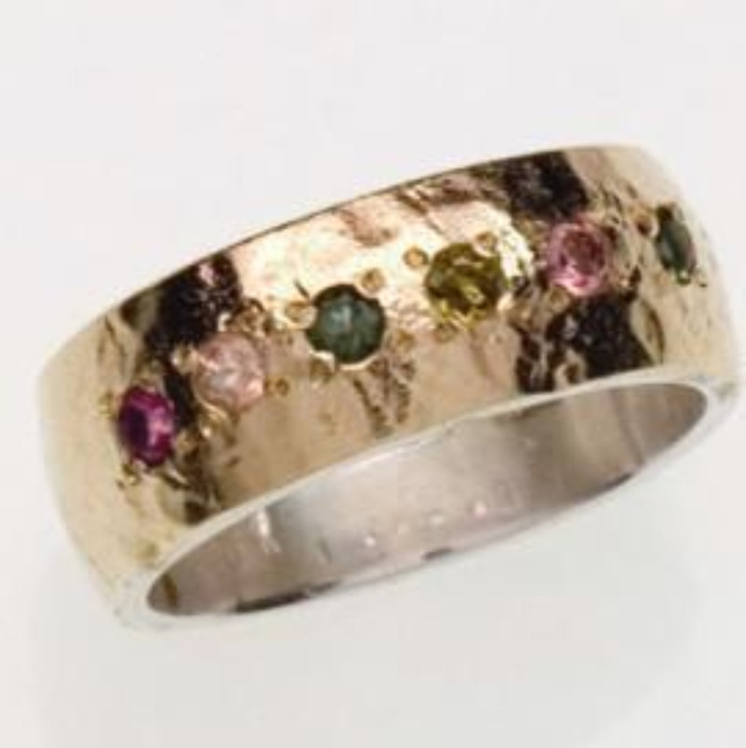 Couple rings Sterling silver gold 9 carats tourmalines ring. Wedding rings. - Bluenoemi
