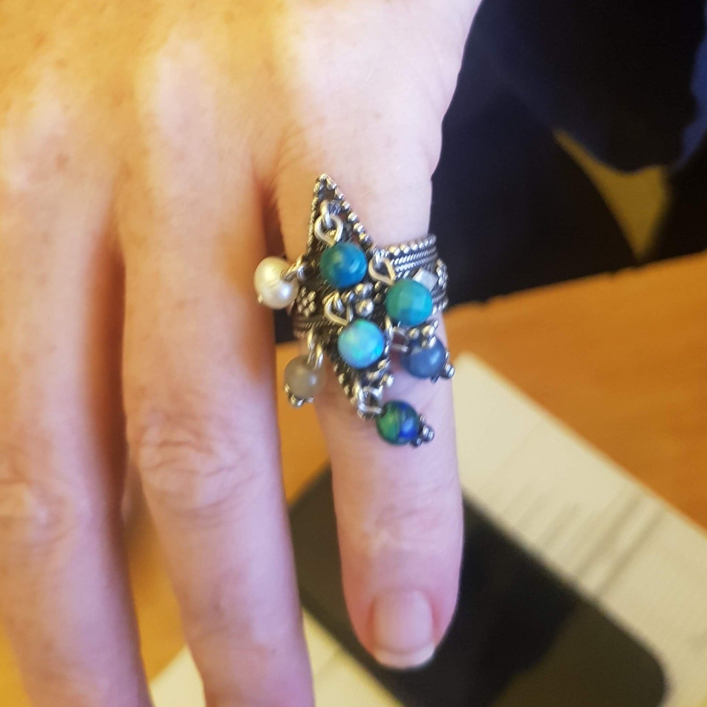 Bluenoemi Jewelry Rings Sterling Silver Ring Filigree with Dangling Gemstones