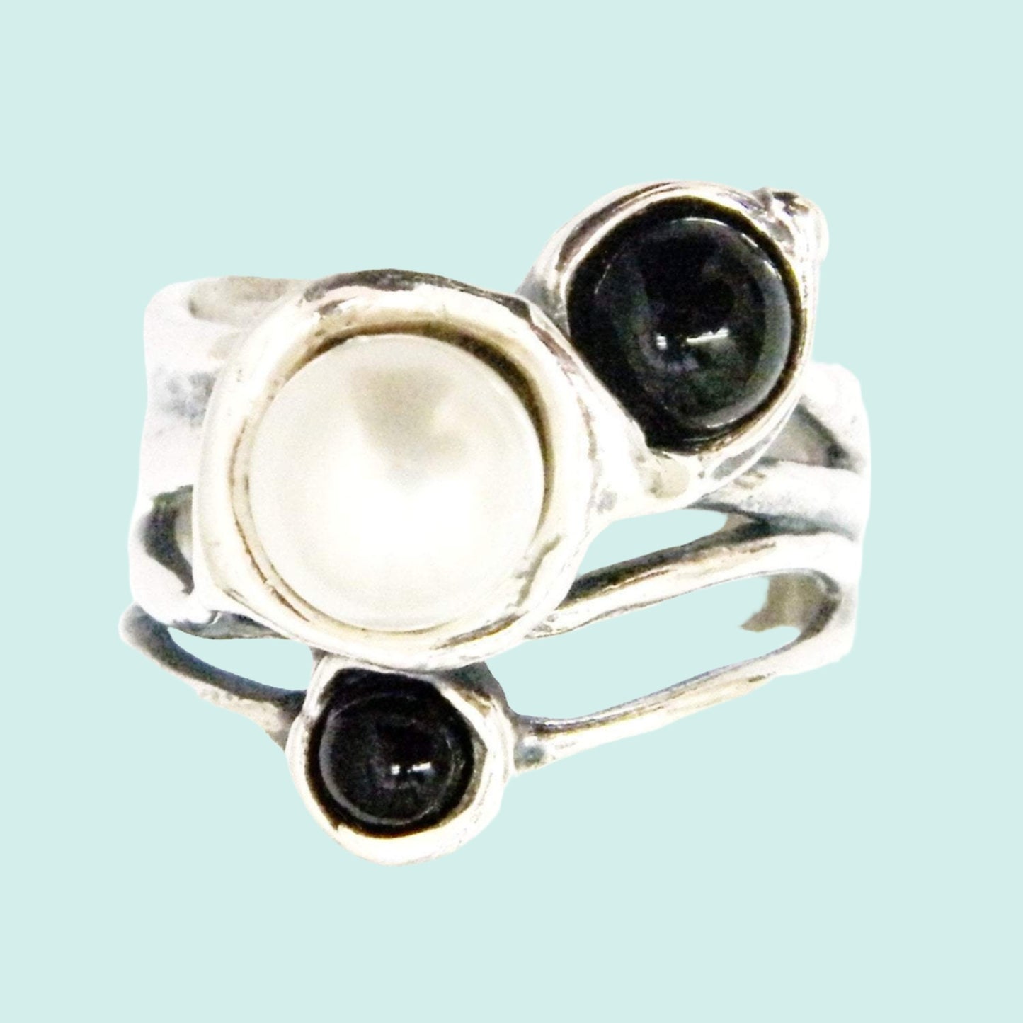 Bluenoemi Jewelry Rings Sterling silver ring set with onyx and pearls. Israeli designer bohemian ring