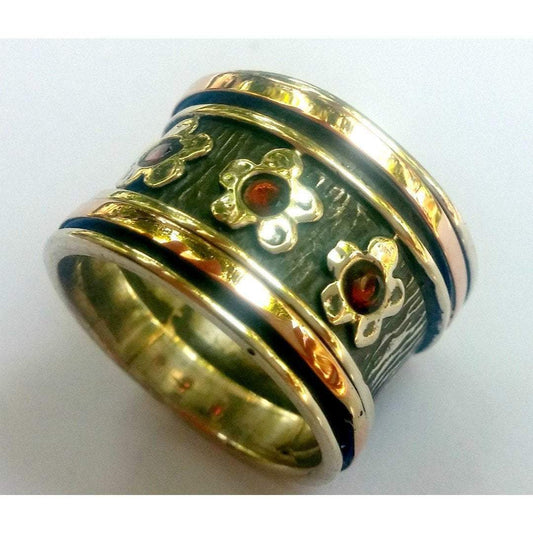 Bluenoemi Jewelry Rings Stunning spinner ring , floral garnet ring , Israeli statement rings , meditation ring