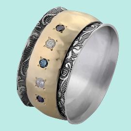 Spinner Ring Jewelry. Sterling Silver and 9kt Gold Ring for woman. Colored diamonds - Bluenoemi