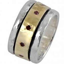 Bluenoemi Jewelry Spinner Rings Spinner Ring for woman Jewelry. Sterling Silver and 9kt Gold Ring set with garnets.