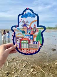 Bluenoemi Israeli Gifts Hamsa Metal Laser Cut English Jerusalem View - Bluenoemi