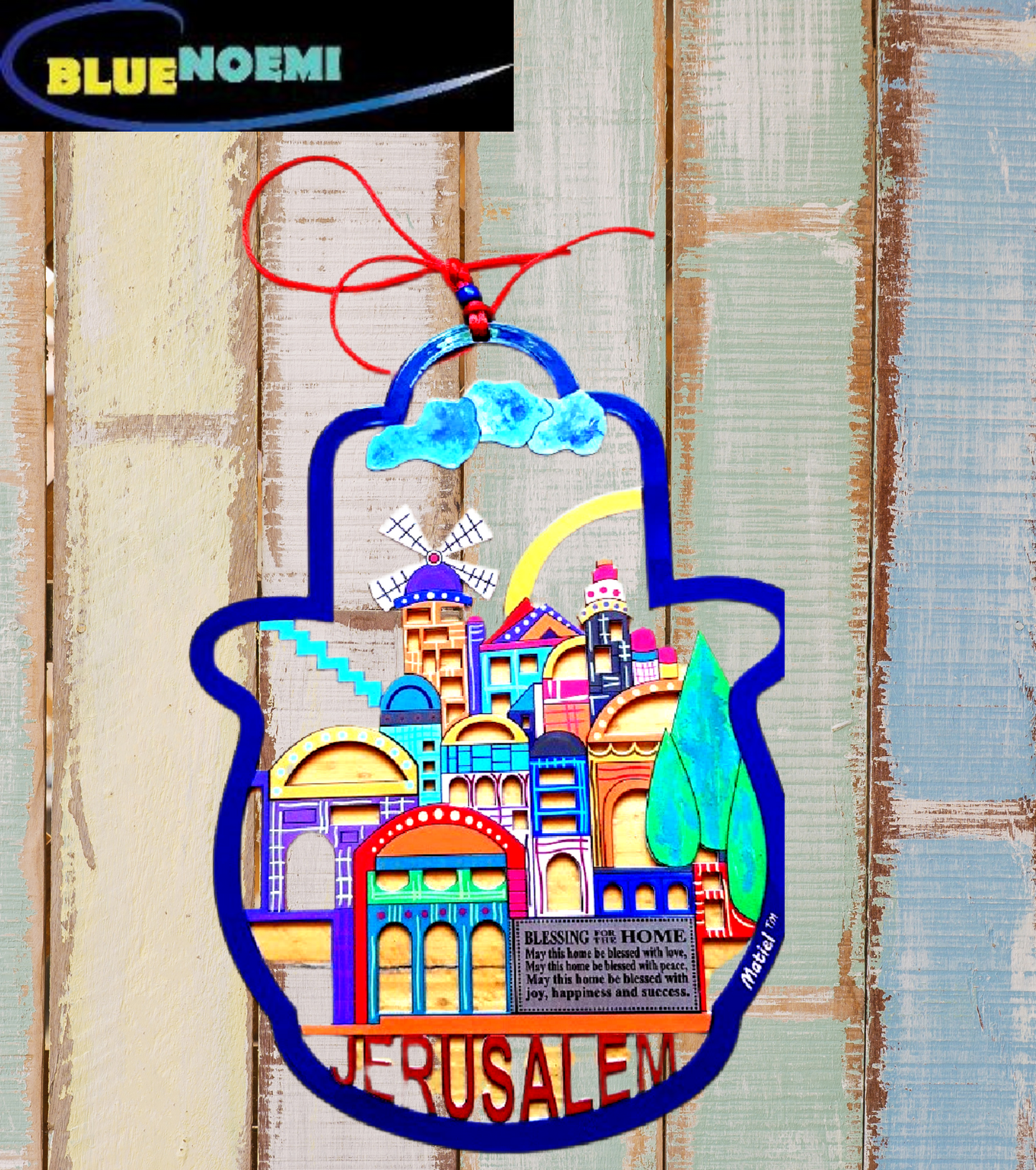 Bluenoemi Israeli Gifts Hamsa Metal Laser Cut English Jerusalem View - Bluenoemi