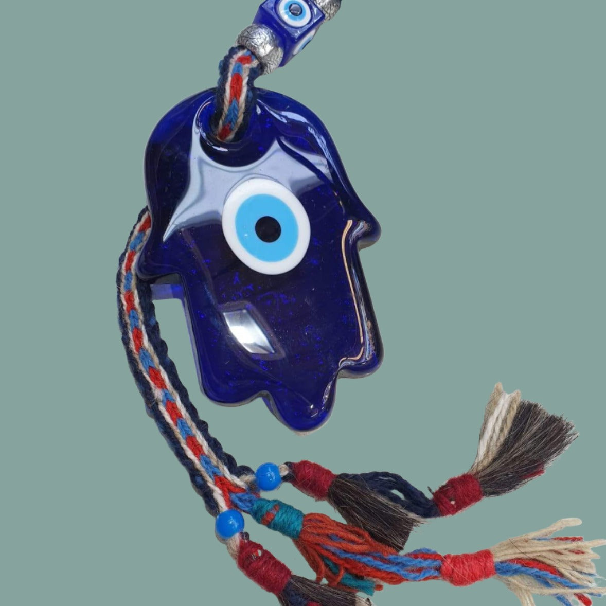 Bluenoemi Jewelry wall hangings 1 Glass Hamsa Souvenir Luck and Blue Eyes Symbols on a colourful rope.