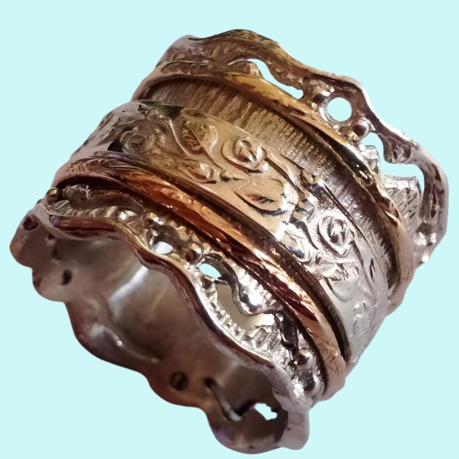 Bluenoemi - My Jewelry Rings Sterling silver ring with 9 carat gold bands / 7 / silver gold Swiveling floral romantic spinner ring silver 9 ct gold wedding ring