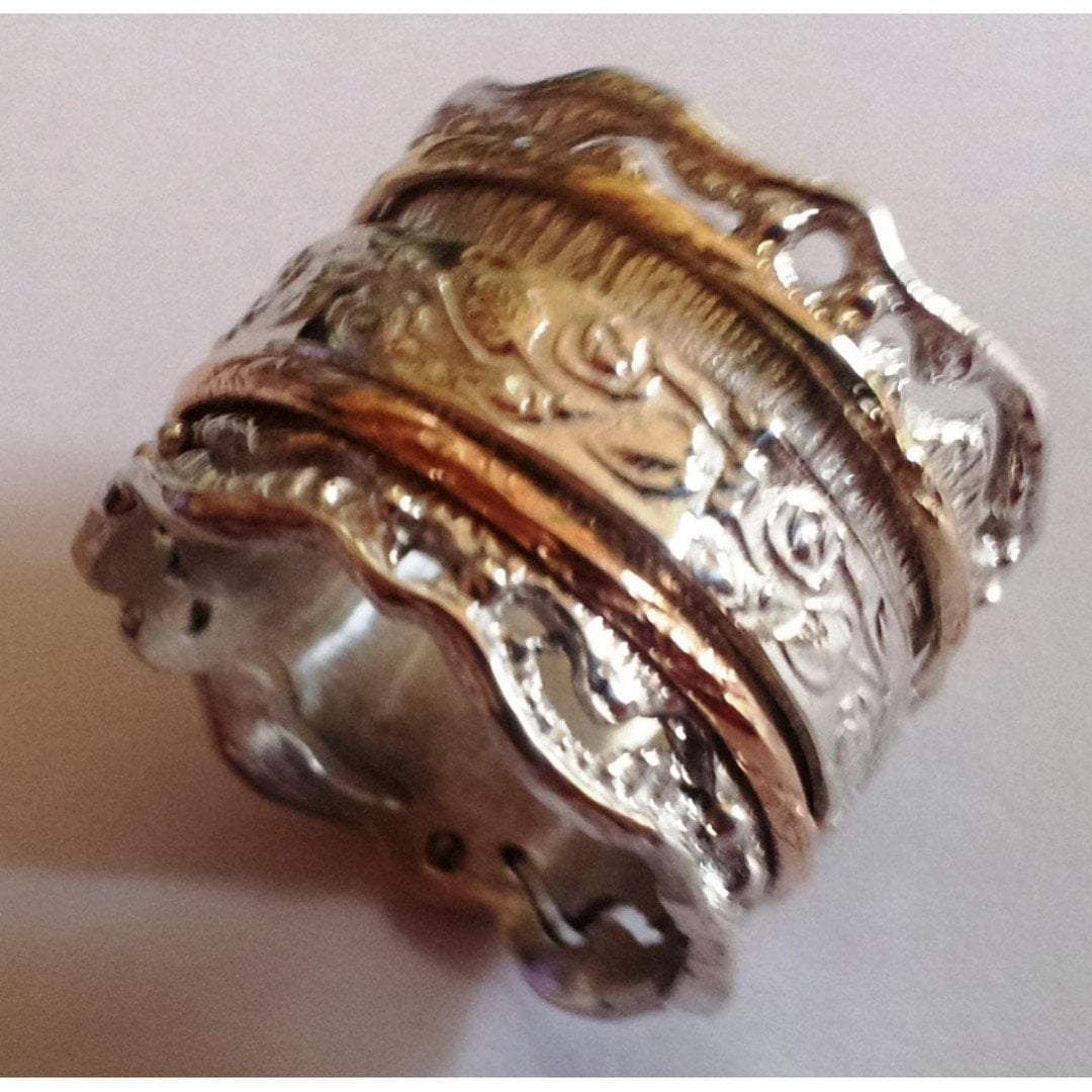 Bluenoemi - My Jewelry Rings Sterling silver ring with 9 carat gold bands / 7 / silver gold Swiveling floral romantic spinner ring silver 9 ct gold wedding ring