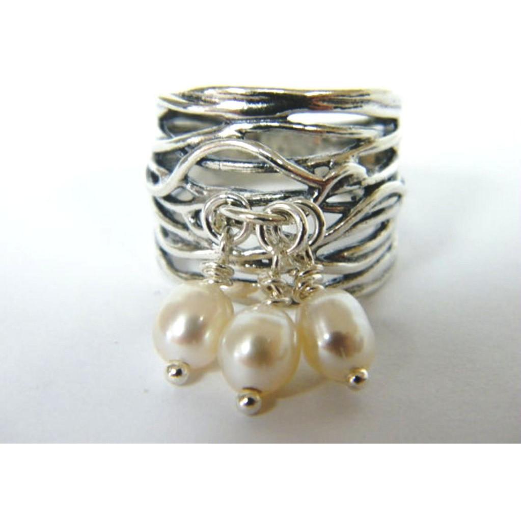Sterling silver ring with Pearls Charms Bohemian band - Bluenoemi