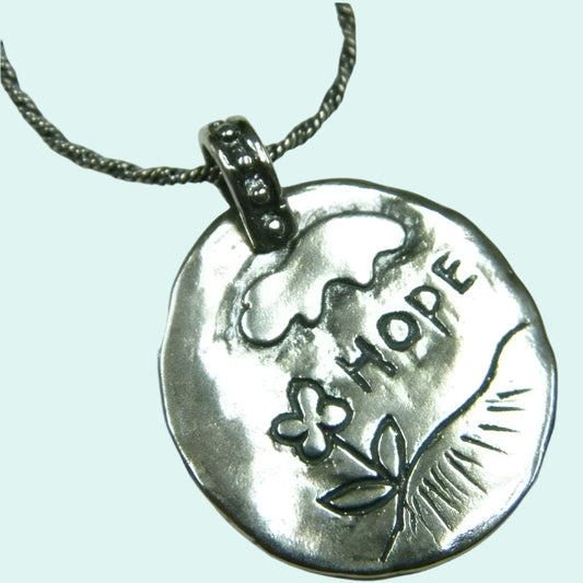 Sterling Silver necklace engraved "hope" flower drawing jewelry - Bluenoemi