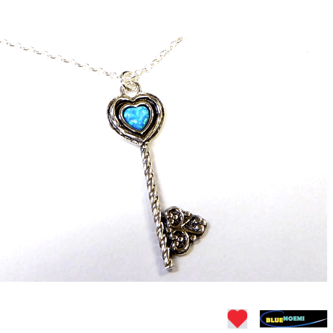 Bluenoemi Necklaces & Pendants blue Sterling silver heart key necklace key pendant with Blue opal