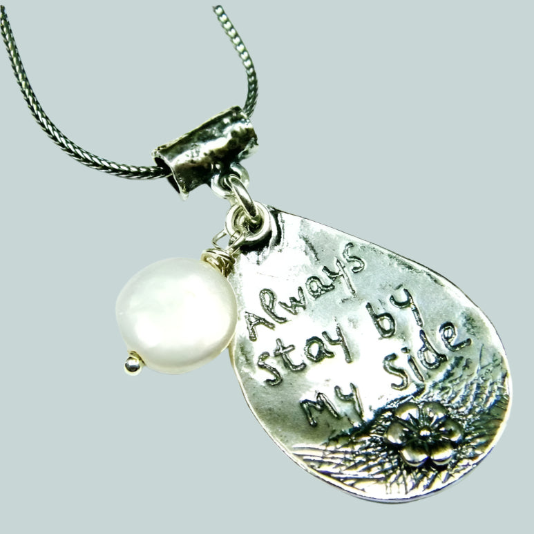 Bluenoemi Necklaces Sterling Silver necklace , scripture love message "Stay by my Side" with a dangling pearl