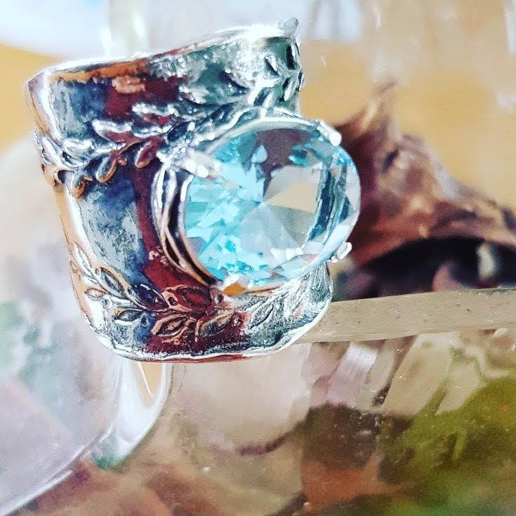 Bluenoemi Rings 4 / blue topaz Sterling silver ring for woman.  BOHO 925 silver ring. Bluenoemi design floral jewelry set CZ zircon