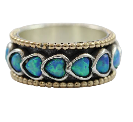 Bluenoemi Rings 5 / opals Valentine Gift Spinner Ring for Woman with Hearts. Sterling Silver and Goldfilled