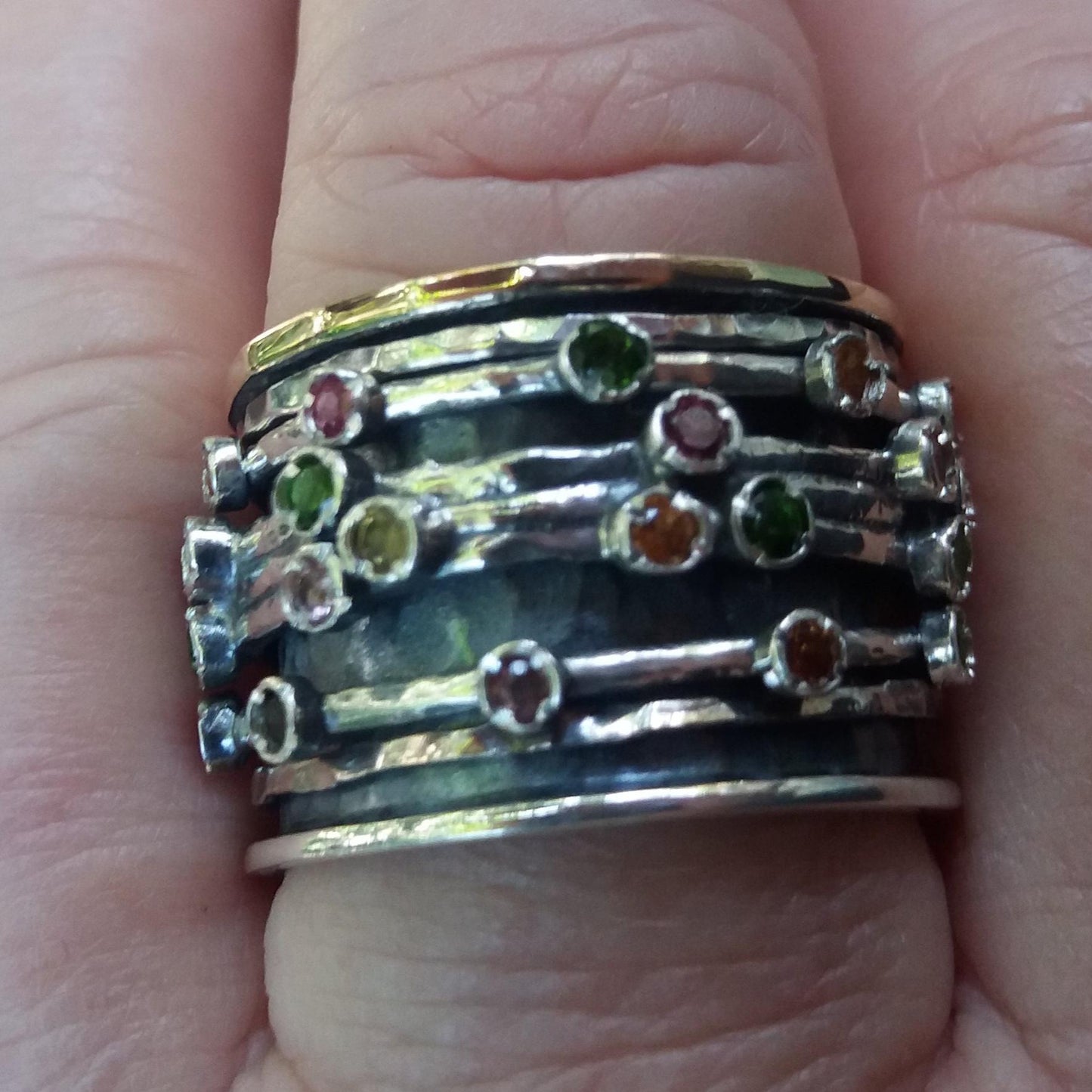 Israeli spinner rings Silver Gold and Tourmalines - Bluenoemi