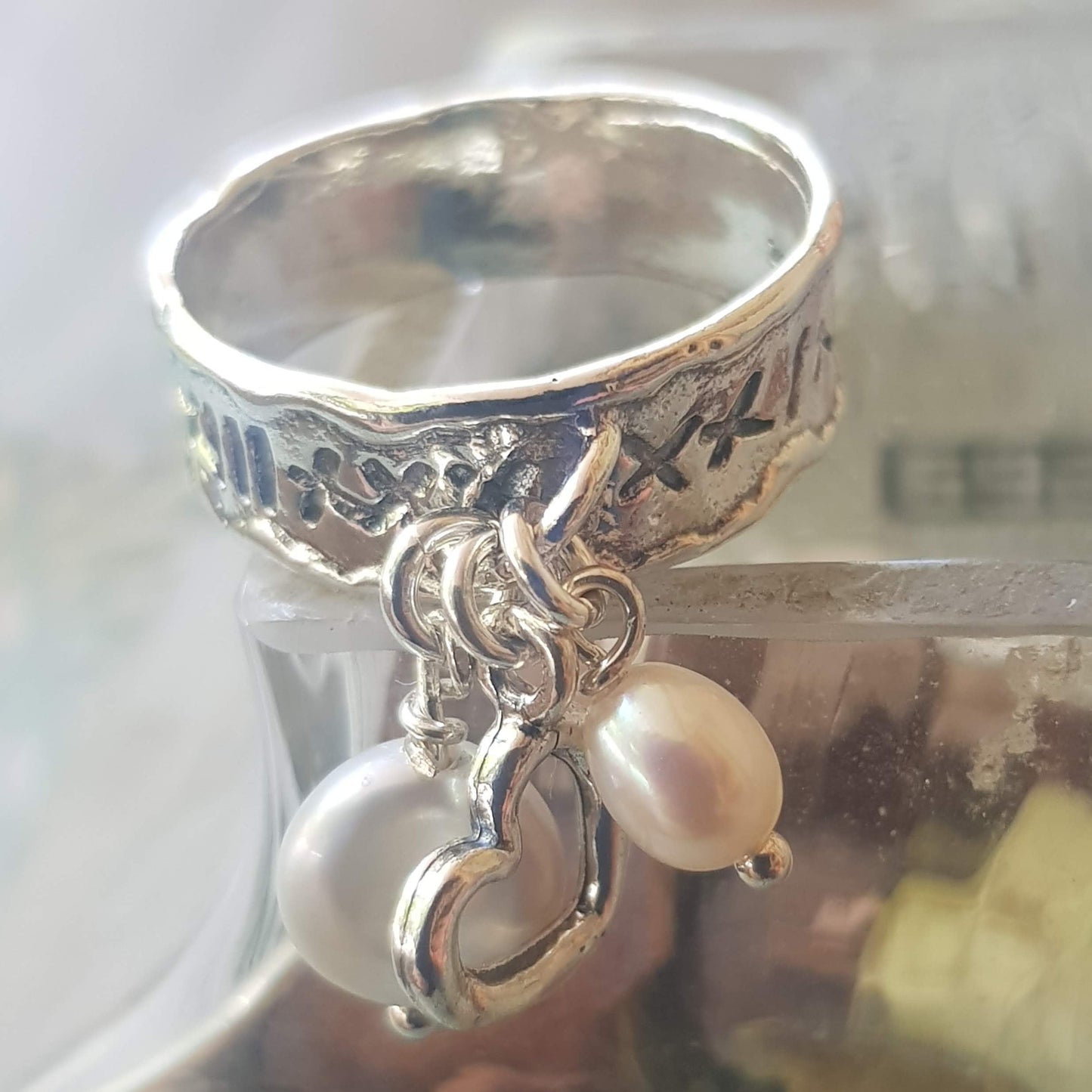 Bluenoemi Rings Jewelry made in israel Ring for WomanBluenoemi - BLR001 - Pearl Ring, Sterling Silver ring , Bohemian charms ring, dangling pearls ring