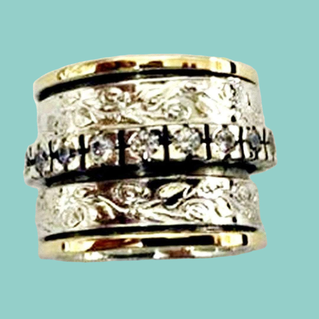 Bluenoemi Rings Spinner Ring, Filigree silver 9 carat gold ring , Bluenoemi CZ band