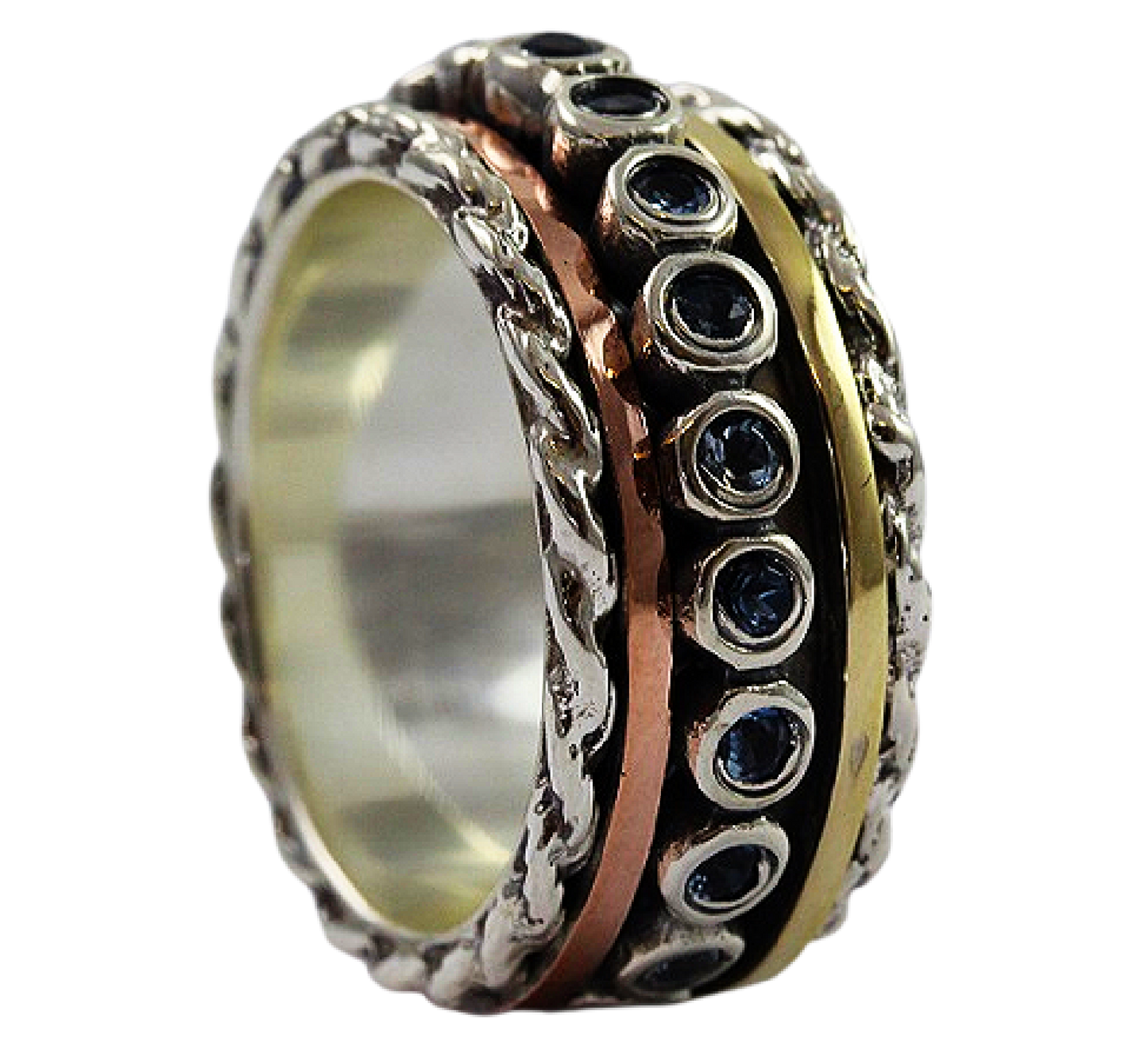 Bluenoemi rings Spinner ring for woman set with green Tourmalines. Sterling silver and gold.