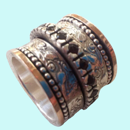 Spinner ring silver solid rose gold floral garnets jewelry Israeli rings Meditation rings - Bluenoemi