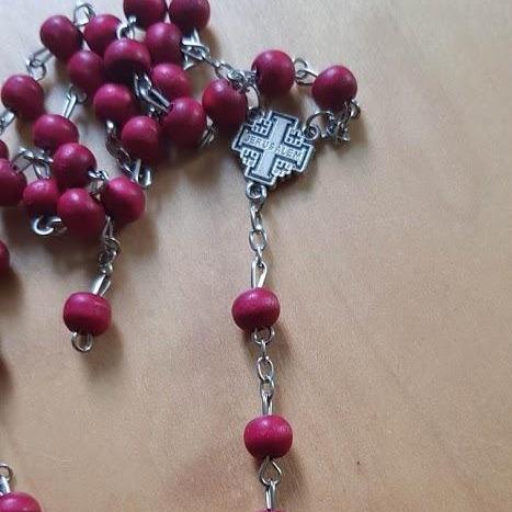 Rosary Cross with Red Scented Wood Beads - Bluenoemi