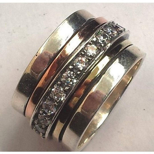 Bluenoemi Spinner Rings Spinner ring set with cz zircons / 8 / silver gold Meditation ring spinner sterling silver 9 ct gold cz zircon