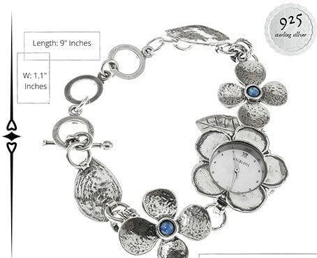 Bluenoemi Watches Sterling Silver Watch Bracelet for woman with flowers motives. Set with Pearl  or Blue Opal. Japanese Myota