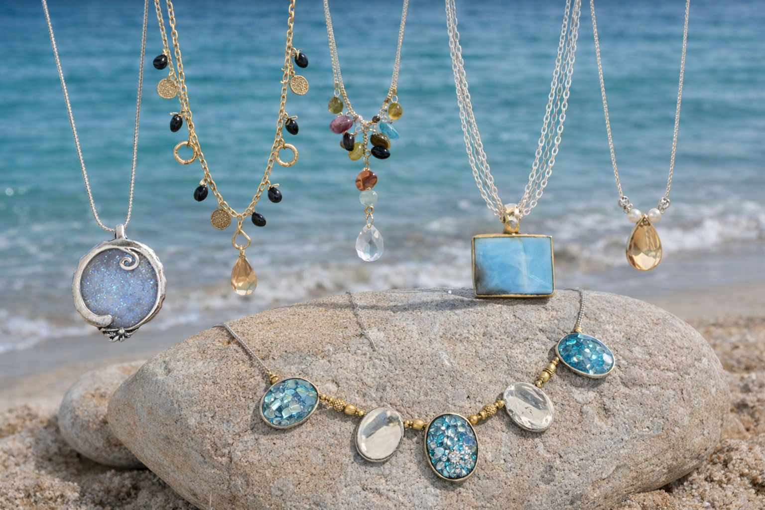 A selection of Bluenoemi's
handcrafted necklaces, featuring Roman Glass, Star of David, and personalized designs