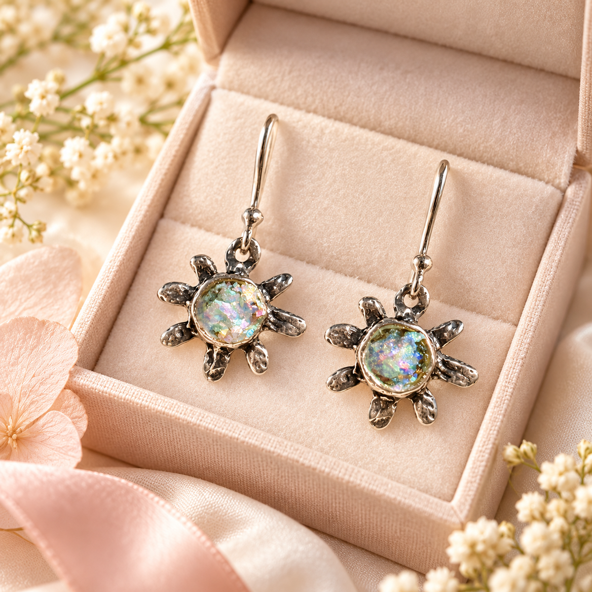 Roman Glass Flower Earrings in Sterling Silver – Handmade in Israel | Bluenoemi - Bluenoemi Jewelry Earrings Bluenoemi Bluenoemi  israeli sterling silver jewellery jewelry handmade jewel