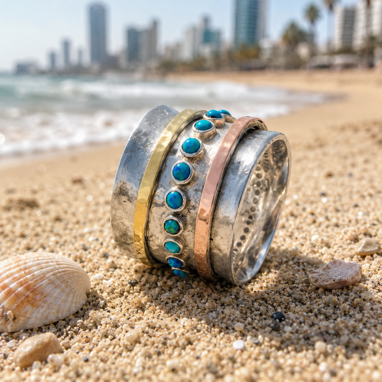 Bluenoemi Jewelry Spinner Ring for Woman set with blue lab opals - Bluenoemi Jewelry Rings Bluenoemi Bluenoemi  israeli sterling silver jewellery jewelry handmade jewel